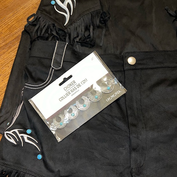 NWT Costume Fringe Cowgirl Vest Shorts W/ Choker White Stitching Blue Rivots XXL - Picture 5 of 13